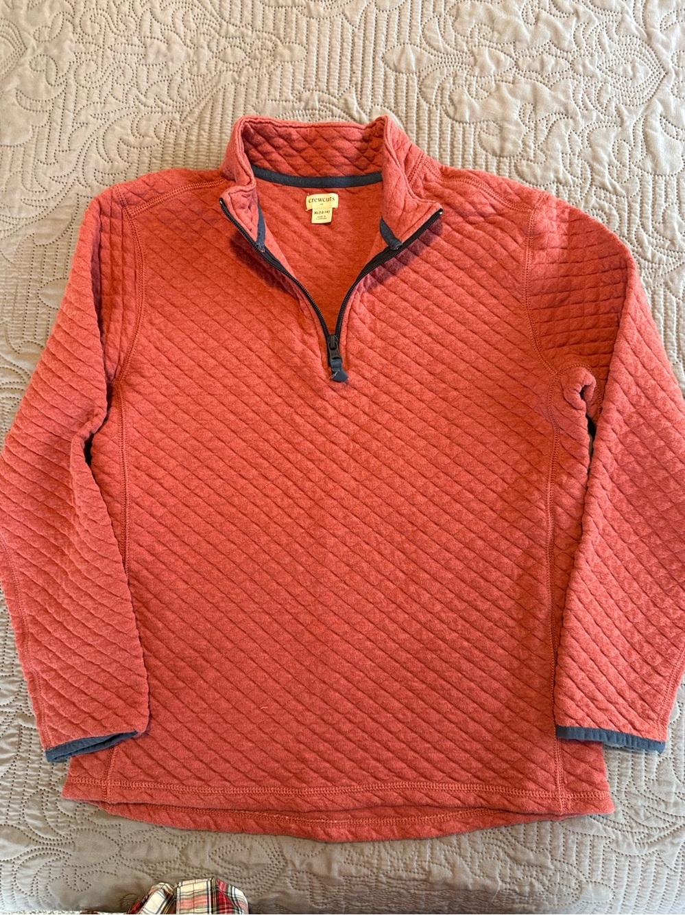 Crewcuts Quilted Half-Zip Pullover in Coral with Navy Trim